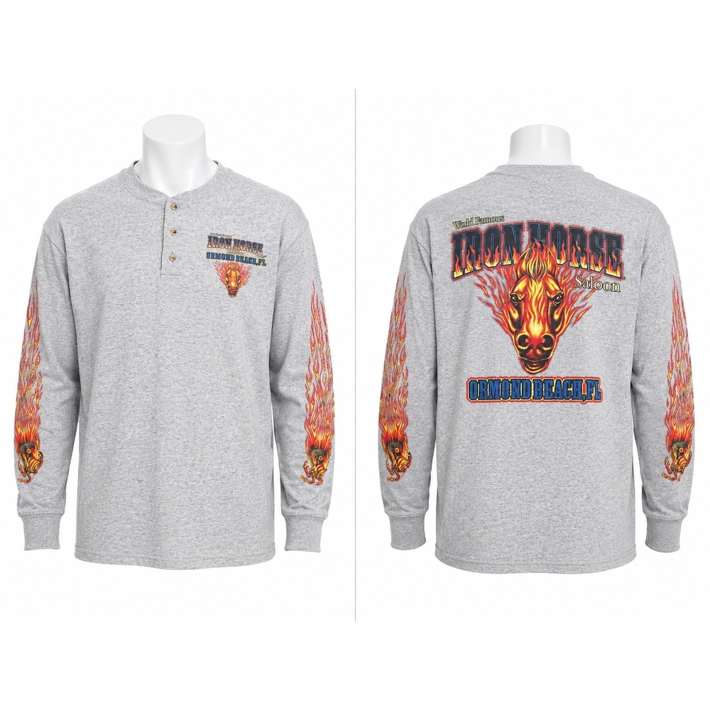 Vintage Iron‎ Horse Saloon Ormond Beach FL Henley Shirt Gray Long Sleeve Mens L